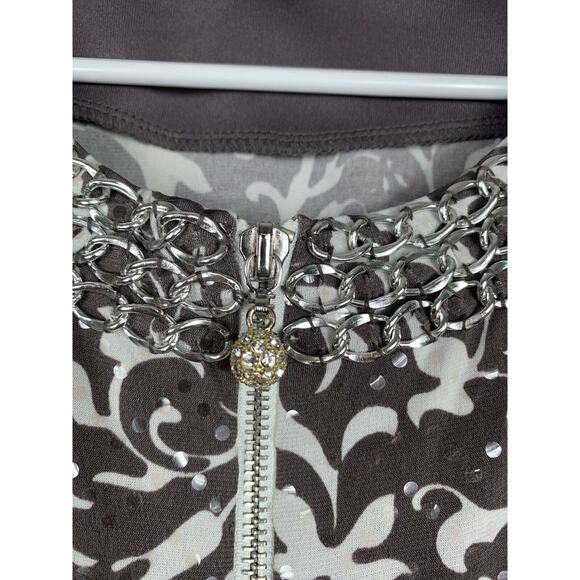 MSK Jacket womens medium full zip‎ metallic jacket brown/white paisley sequin - Picture 6 of 7